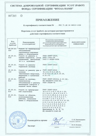 Приложение 007265 к сертификату ФН010-1098 — ремонт спецтехники